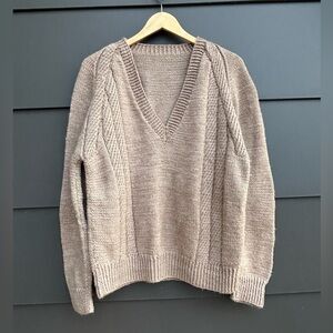 Hand Knitted V-Neck Raglan Sweater - light brown- XL